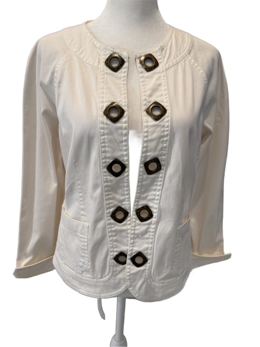 Women's Cream Eyelet-Front Collarless Jacket